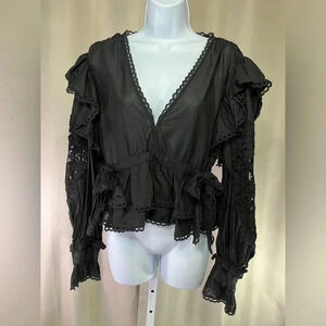 Farm Rio Black Lace Sleeve Ruffled Blouse (Size S)